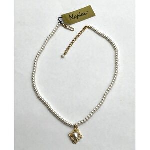 Napier Faux Pearl Necklace Gold Tone Pendant 16" Adjustable Vintage New w/ Tag